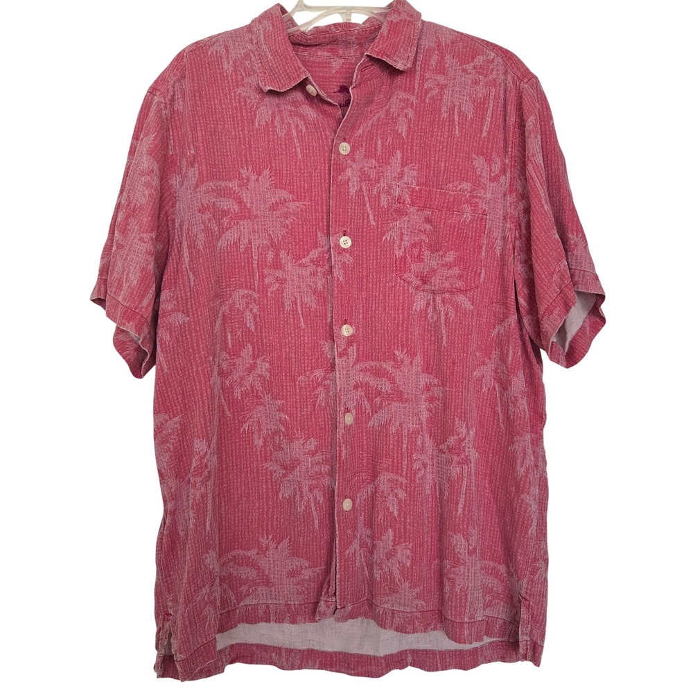 Tommy Bahama Mens Salmon 100% Silk Palm Tree Tropical Shirt Sz L Vacation Cruise